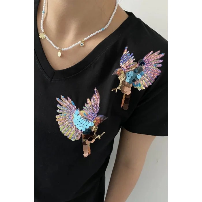 Kadın Büyük Beden Siyah V Yaka Omzu İki Kuşlu Likralı Pamuk Penye Bluz