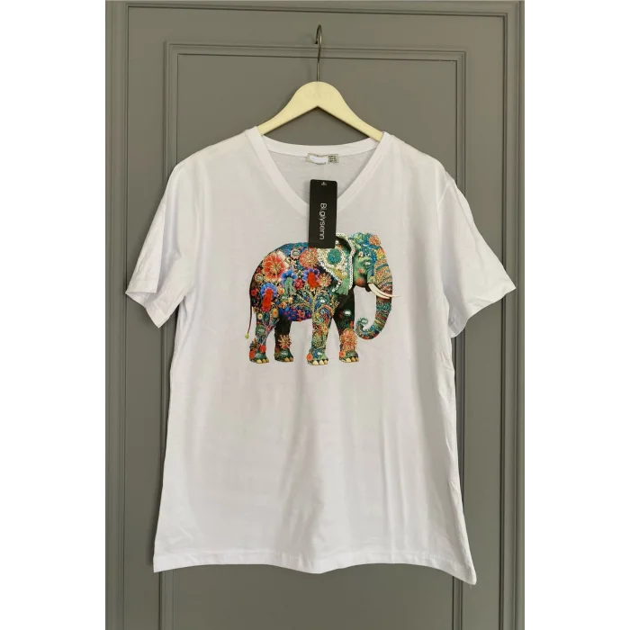 Kadın Büyük Beden Beyaz V Yaka Önü Fil Nakışlı Pul İşlemeli %100 PAMUK PENYE Penye Buluz