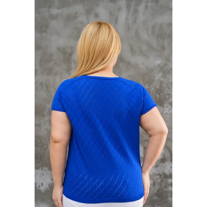 Kadın Büyük Beden Mavi Bisiklet Yaka Baklava Desenli Likralı Soğuk İplik Örgü İnce Triko Bluz