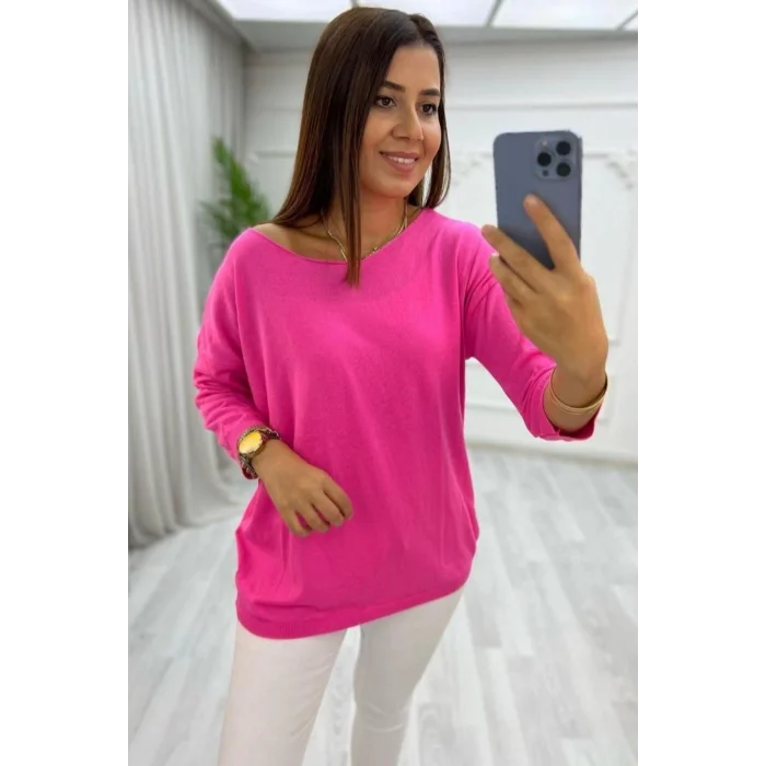 Kadın Fuşya Pembe Kayık Yaka Likralı  % 100 PAMUK İPLİK  İnce Triko Bluz