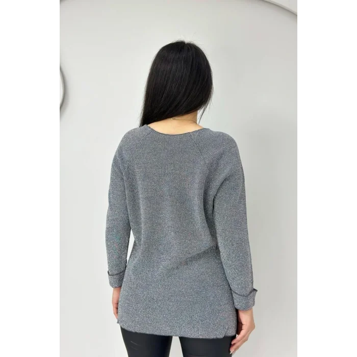 Kadın Gri Bisiklet Yaka SİMLİ İnce Tiriko Duble Kol Manşetli Bluz