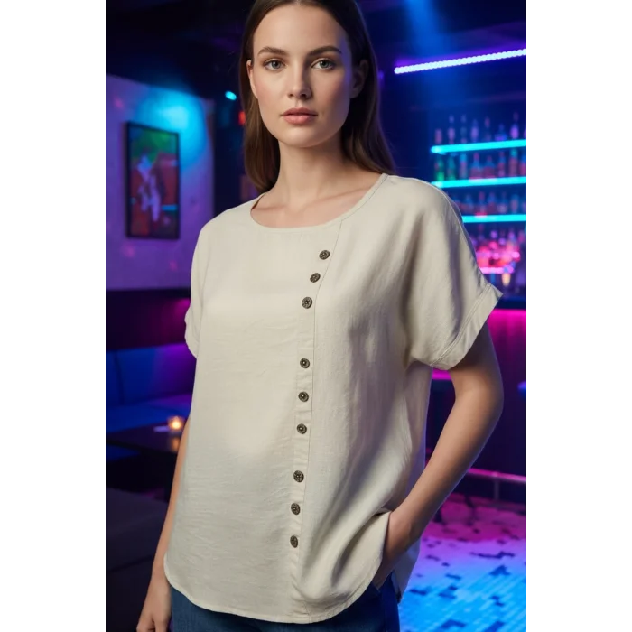 Kadın Bej Rengi Bisiklet Yaka Önü Düğmeli Pamuk Keten Kumaş Buluz