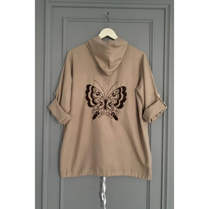 Kadın Kahve Büyük Beden Sırtı Kelebek Nakışlı Kol Katlamalı Pamuk Keten Kumaş Gömlek Ceket