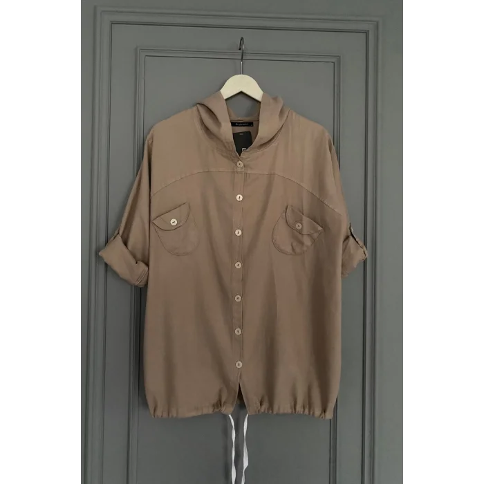 Kadın Kahve Büyük Beden Sırtı Kelebek Nakışlı Kol Katlamalı Pamuk Keten Kumaş Gömlek Ceket