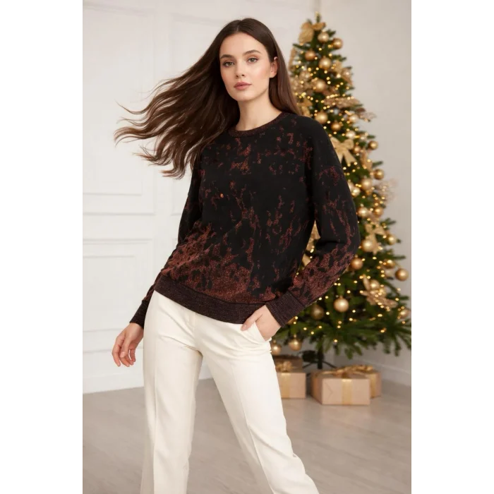 Kadın GOLD KAHVE Sim Detaylı Bisiklet Yaka Batik Desen Yeni Sezon Likralı Esnek Tiriko Kazak