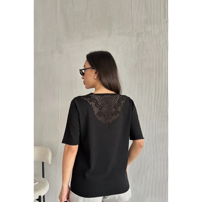 Kadın Siyah V Yaka Yakası Ve Sırtı Detaylı Soğuk İpilik Merserize Likralı Buluz