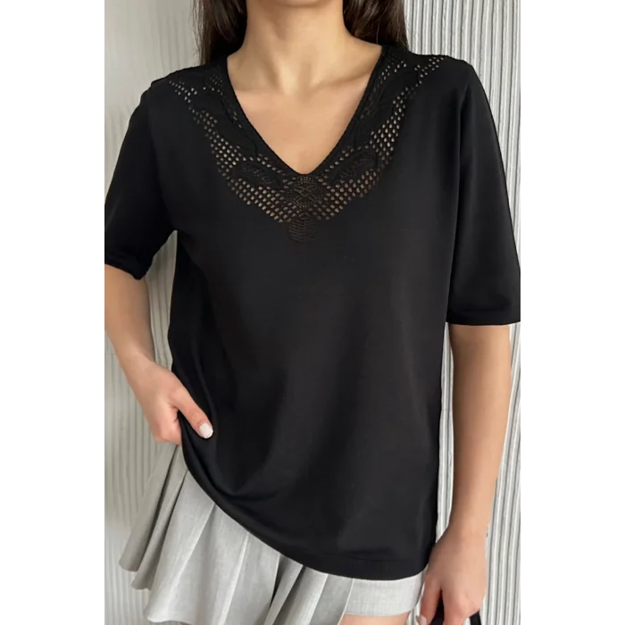 Kadın Siyah V Yaka Yakası Ve Sırtı Detaylı Soğuk İpilik Merserize Likralı Buluz