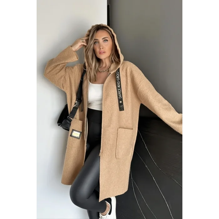 Kadın Kapüsonlu KAMEL Cepli Kıvırcık Buklet Kumaş ASTARSIZ Mevsimlik Mont