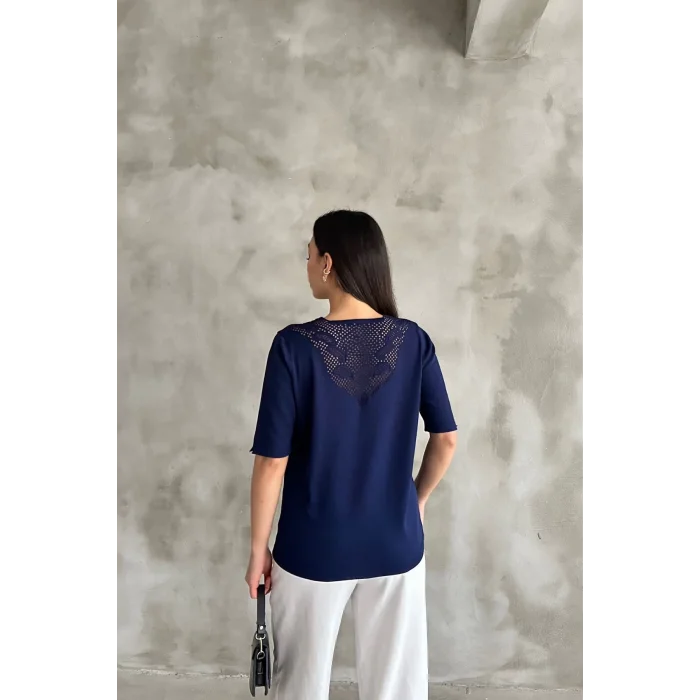 Kadın Lacivert V Yaka Yakası Ve Sırtı Detaylı Soğuk İpilik Merserize Likralı Buluz