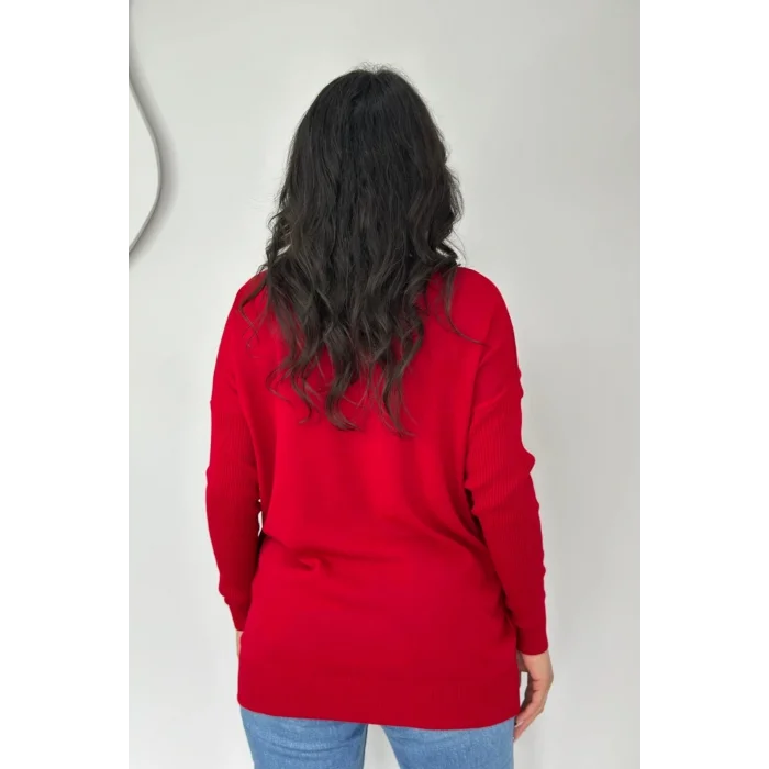 Kadın KIRMIZI Bisiklet Yaka Yandan Cepli Likralı Yumuşak Dokulu İnce Tiriko Kazak