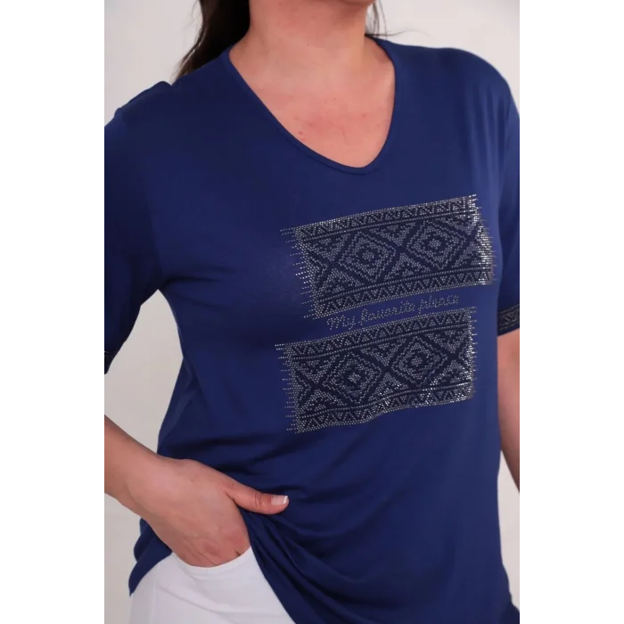 Kadın Lacivert Büyük Beden Önü Ve Kol Ucu Etnik Desen Kriştal Taş İlşemeli Kısa Kol Buluz