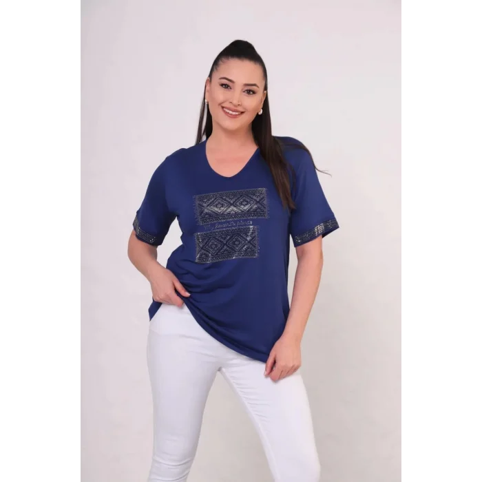 Kadın Lacivert Büyük Beden Önü Ve Kol Ucu Etnik Desen Kriştal Taş İlşemeli Kısa Kol Buluz