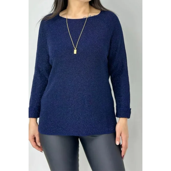 Kadın Lacivert renk Bisiklet Yaka SİMLİ İnce Tiriko Duble Kol Manşetli Bluz