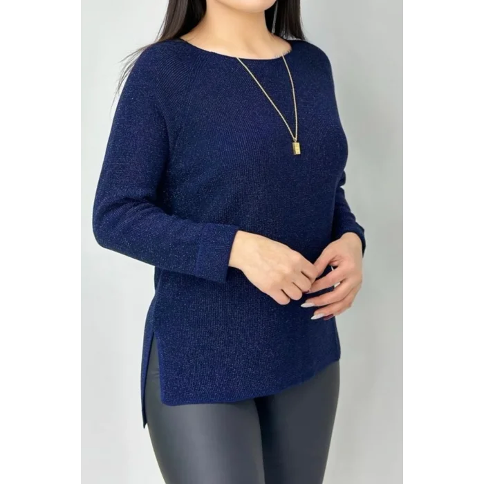 Kadın Lacivert renk Bisiklet Yaka SİMLİ İnce Tiriko Duble Kol Manşetli Bluz