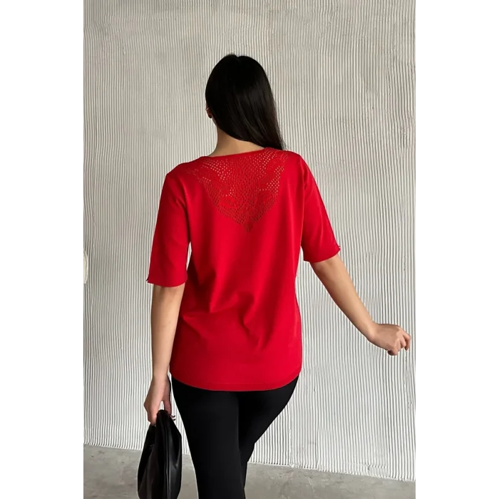 Kadın Kırmızı V Yaka Yakası Ve Sırtı Detaylı Soğuk İpilik Merserize Likralı Buluz