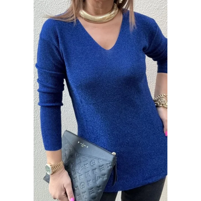 Kadın Mavi V Yaka Likralı Dışı Simli İçi Yumoş İnce Triko Bluz