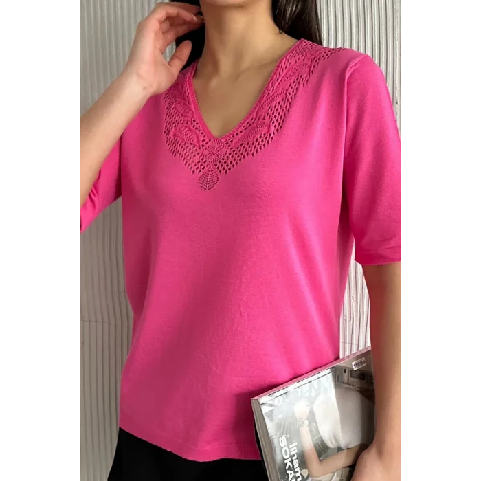 Kadın Pembe V Yaka Yakası Ve Sırtı Detaylı Soğuk İpilik Merserize Likralı Buluz