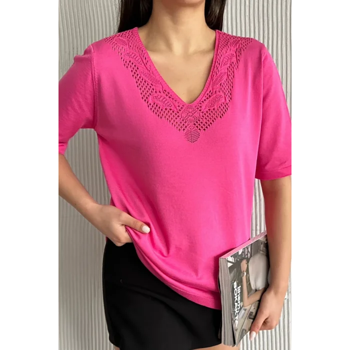 Kadın Pembe V Yaka Yakası Ve Sırtı Detaylı Soğuk İpilik Merserize Likralı Buluz