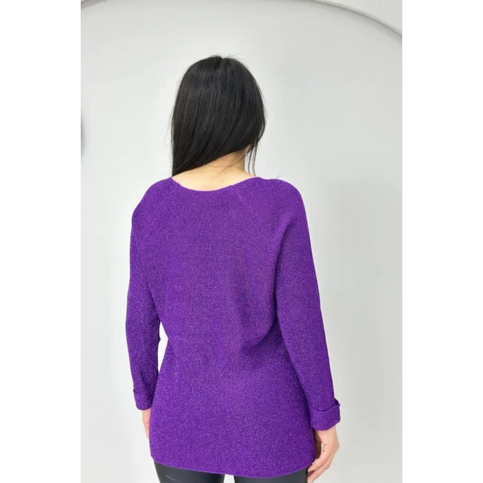 Kadın Mor Bisiklet Yaka SİMLİ İnce Tiriko Duble Kol Manşetli Bluz