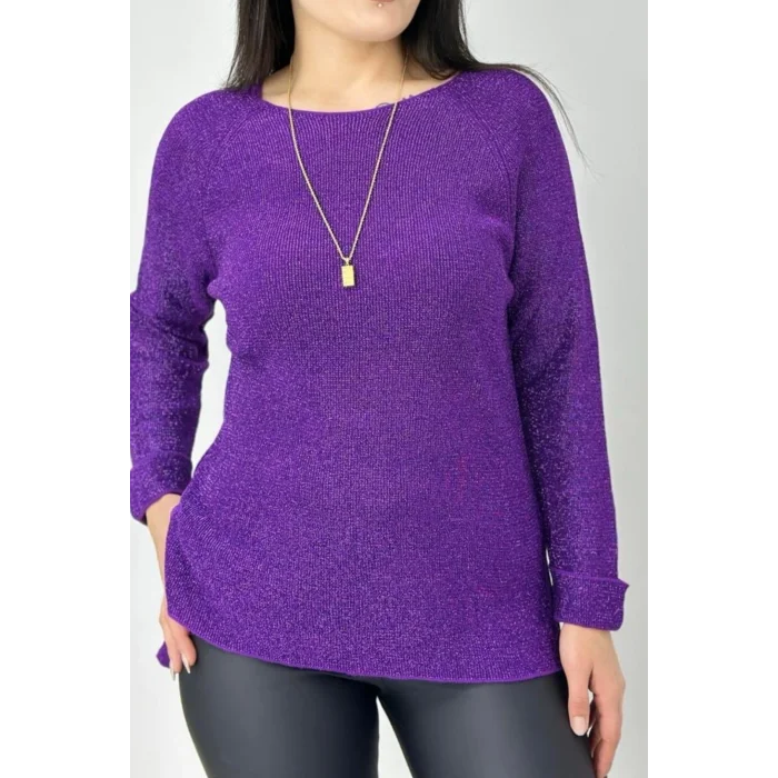 Kadın Mor Bisiklet Yaka SİMLİ İnce Tiriko Duble Kol Manşetli Bluz