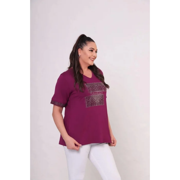 Kadın Mürdüm Büyük Beden Önü Ve Kol Ucu Etnik Desen Kriştal Taş İlşemeli Kısa Kol Buluz