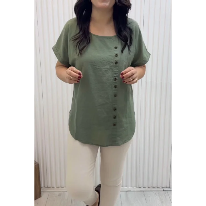 Kadın Haki Yeşil Bisiklet Yaka Önü Düğmeli Pamuk Keten Kumaş Buluz