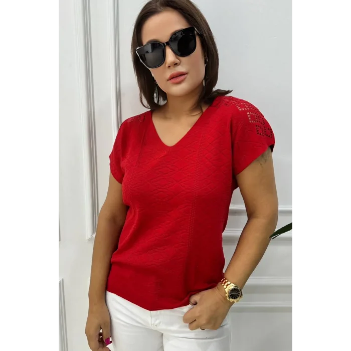 Kadın Kırmızı V Yaka Ajurlu Soğuk İplik Merserize Likralı Bluz