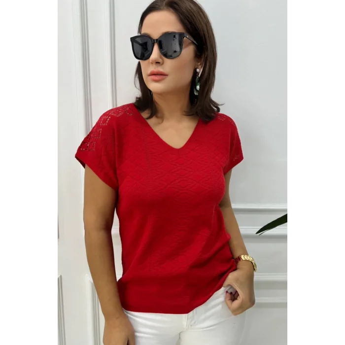 Kadın Kırmızı V Yaka Ajurlu Soğuk İplik Merserize Likralı Bluz
