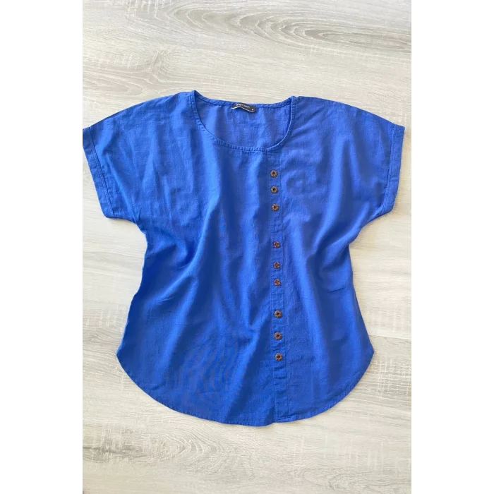 Kadın Mavi Bisiklet Yaka Önü Düğmeli Pamuk Keten Kumaş Buluz