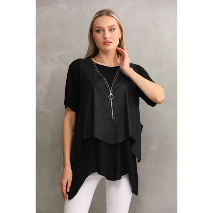 Kadın Siyah Bluzlu Yelekli Kısa Kol İkili Takım