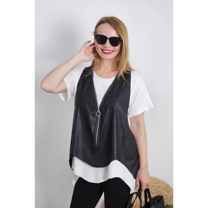 Kadın Beyaz Bluzlu Yelekli Kısa Kol İkili Takım