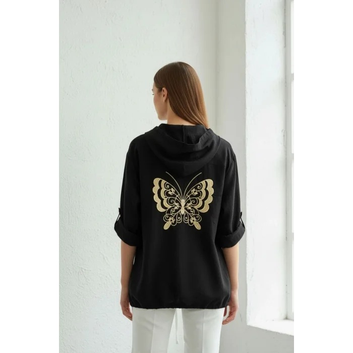 Kadın Siyah Büyük Beden Sırtı Kelebek Nakışlı Kol Katlamalı Pamuk Keten Kumaş Gömlek Ceket