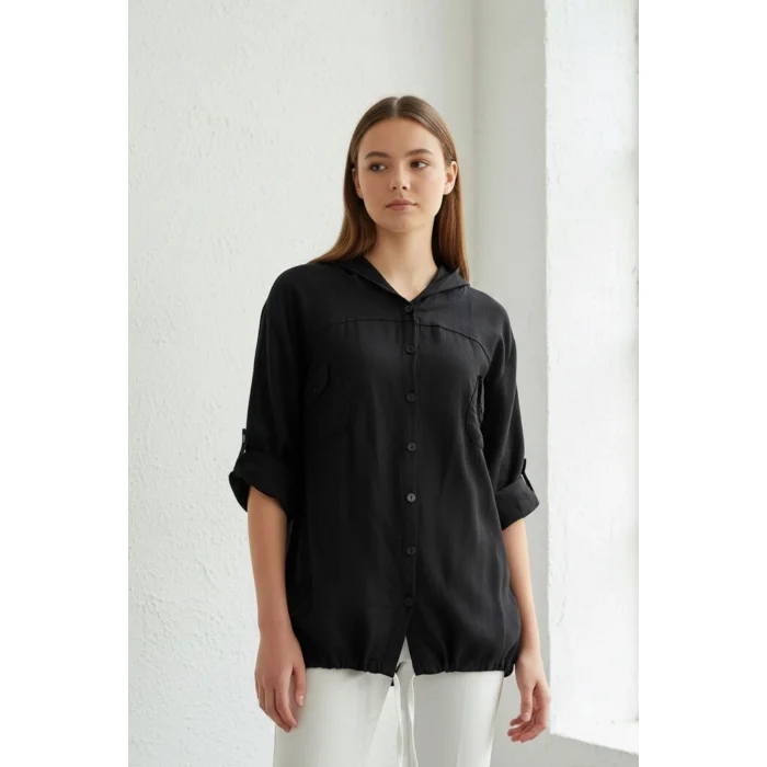 Kadın Siyah Büyük Beden Sırtı Kelebek Nakışlı Kol Katlamalı Pamuk Keten Kumaş Gömlek Ceket