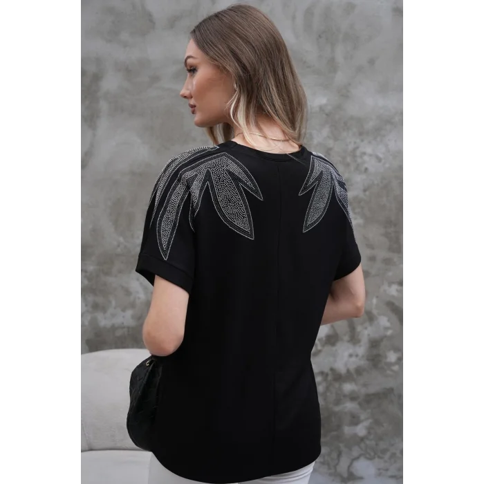 Kadın Siyah Büyük Beden V Yaka Omuzlar Yaprak Kristal Taş İşlemeli Likralı Kısa Kol Buluz