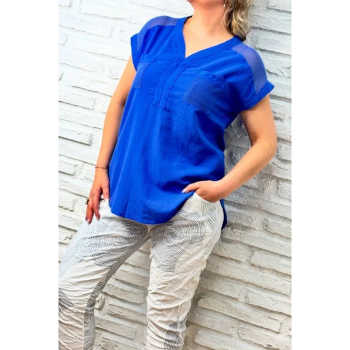 Kadın Mavi Omzu Ve Cebi FİLE DETAYLI Yıkamalı Keten Kumaş Kısa Kol Buluz Gömlek