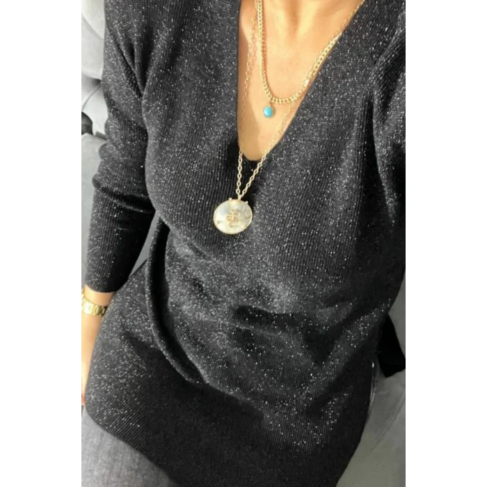 Kadın Siyah V Yaka Likralı Dışı Simli İçi Yumoş İnce Triko Bluz