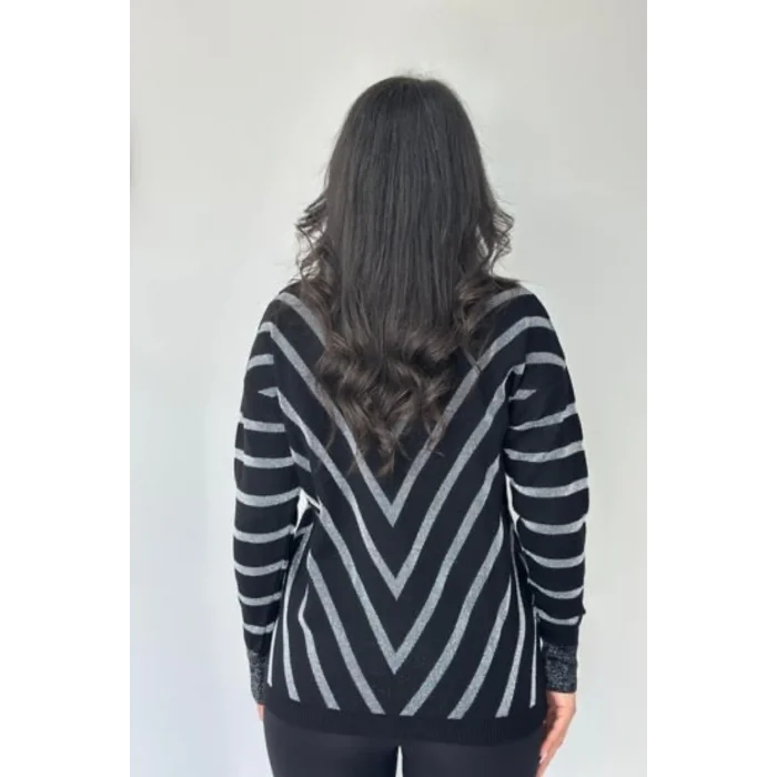 Kadın Siyah V Yaka Verev Sim Çizgili Likralı İnce Tiriko Yumuşak Dokulu Kazak