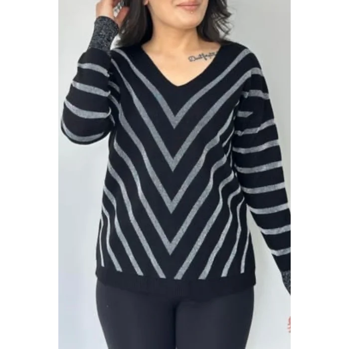 Kadın Siyah V Yaka Verev Sim Çizgili Likralı İnce Tiriko Yumuşak Dokulu Kazak