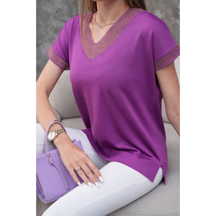 Kadın Mor V Yaka Yakası Sim Detaylı Soğuk İplik Yazlık İnce Merserize Buluz