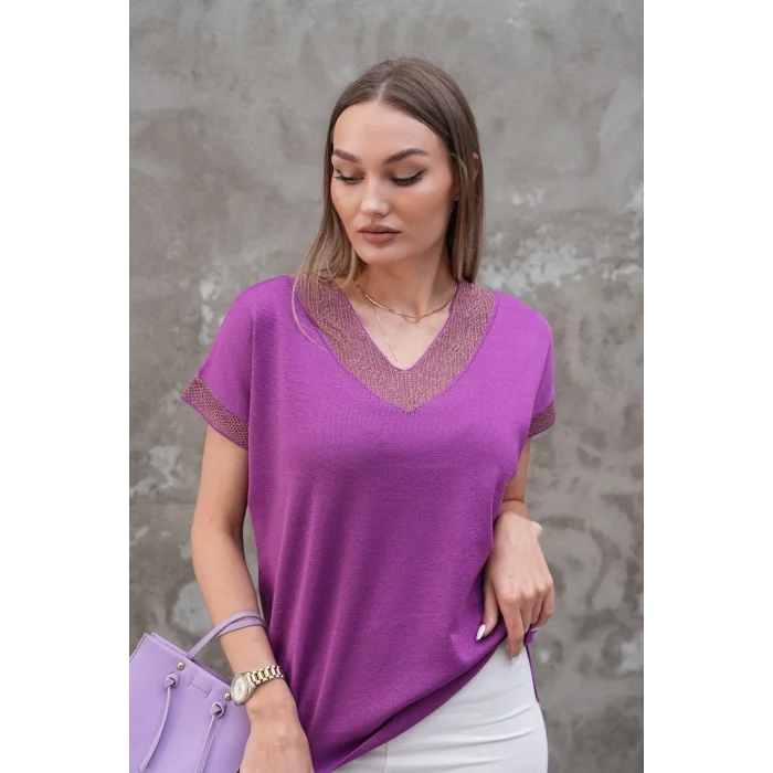 Kadın Mor V Yaka Yakası Sim Detaylı Soğuk İplik Yazlık İnce Merserize Buluz