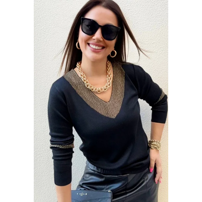 Kadın Siyah V Yaka Yakası Simli Likralı Rahat Kalıp İnce Triko Buluz