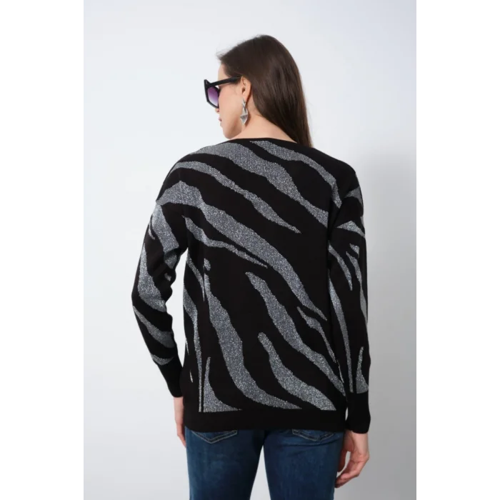 Kadın Siyah V Yaka Zebra Desen Yeni Sezon Komfort Model Likralı Tiriko