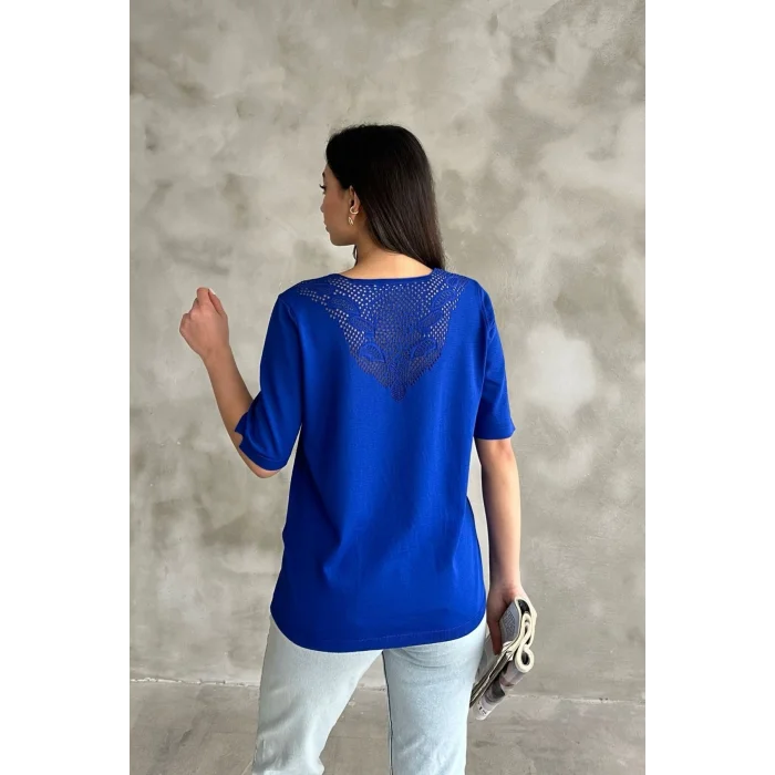 Kadın Mavi V Yaka Yakası Ve Sırtı Detaylı Soğuk İpilik Merserize Likralı Buluz