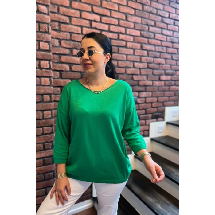 Kadın Yeşil Kayık Yaka Likralı % 100 PAMUK İPLİK İnce Triko Bluz