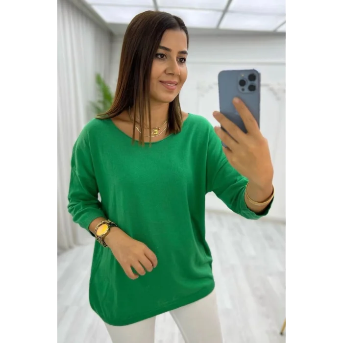 Kadın Yeşil Kayık Yaka Likralı % 100 PAMUK İPLİK İnce Triko Bluz