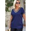 Kadın Lacivert V Yaka Yakası Sim Detaylı Soğuk İplik Yazlık İnce Merserize Buluz