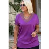 Kadın Mor V Yaka Yakası Sim Detaylı Soğuk İplik Yazlık İnce Merserize Buluz