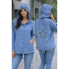 Kadın Açık Mavi Sırtı Yıldız Nakışlı Kapüşonlu Cepli Eteği Kordonlu KOT Gömlek Ceket