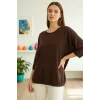 Kadın Koyu Kahverengi Kayık Yaka Likralı % 100 PAMUK İPLİK İnce Triko Bluz