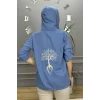 Kadın Mavi Kapüşonlu Sırtı Hayat Ağacı Nakışlı Pamuk Keten Kumaş Katlamalı Uzun Kol Gömlek Ceket